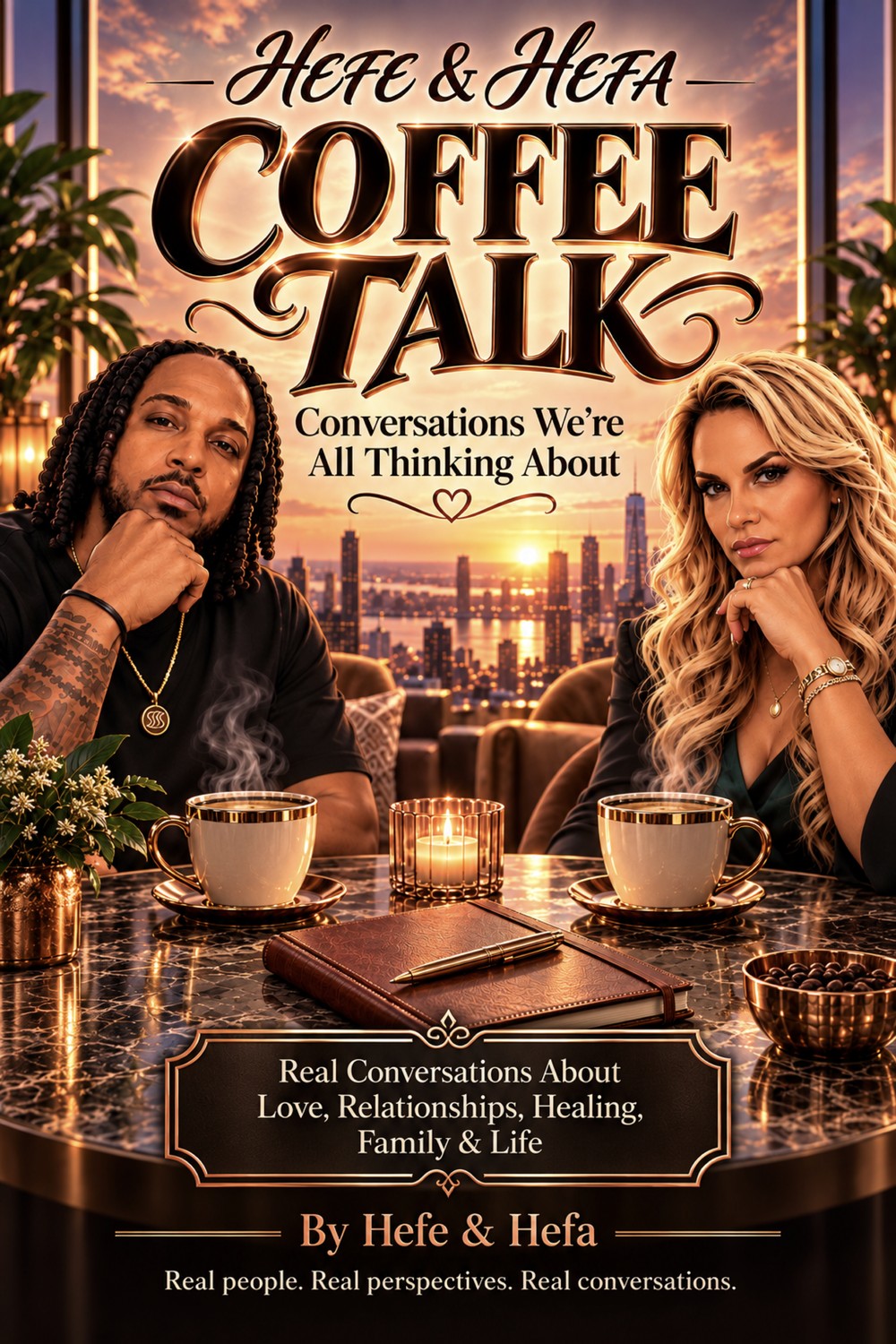 Cover of Hefe & Hefa Coffee Talk: Hefe and Hefa seated at a marble table with copper coffee cups, a city skyline at sunset behind them.